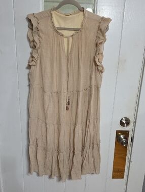 Indigo Rose Women's Tiered Dress Tan Gauzy Lightweight Lined Flowy Sz 3X EUC
